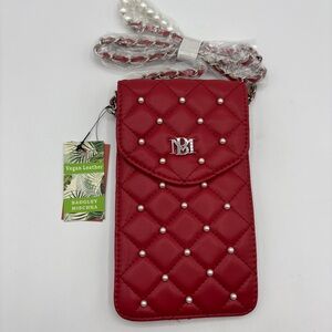 Badgley Mischka Red Phone Case Purse w/ Diamond Quilting & Pearls Cardholder NEW
